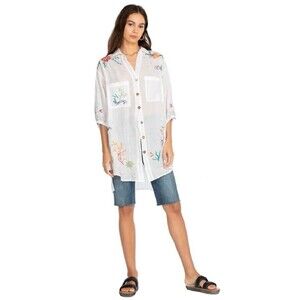 Johnny Was Coralie Weekend Tunic Womens XS White Embroidered Floral  Boho Beach